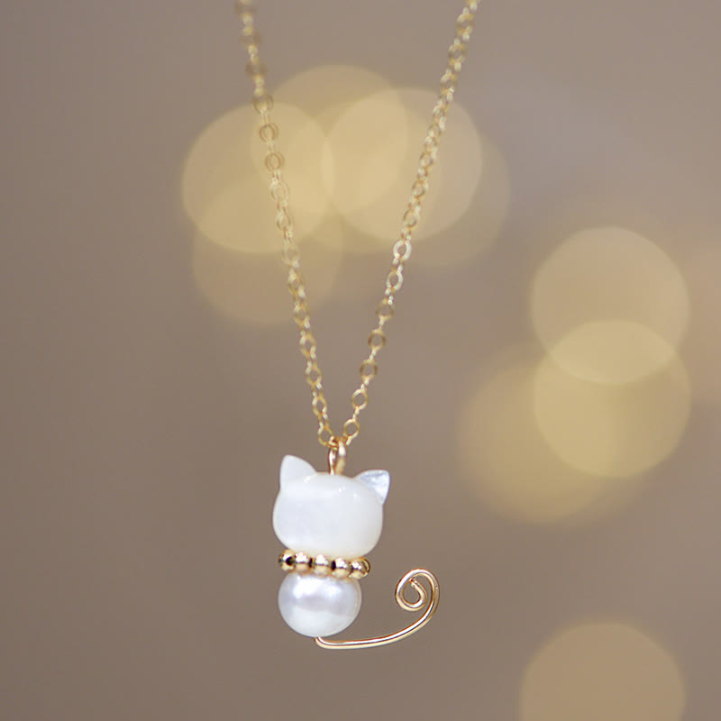 Collier avec pendentif en forme de chat porte-bonheur en jade Hetian plaqué or 14 carats avec Buddha Stones - Plaqué or 14 carats normal - Perle - image 2