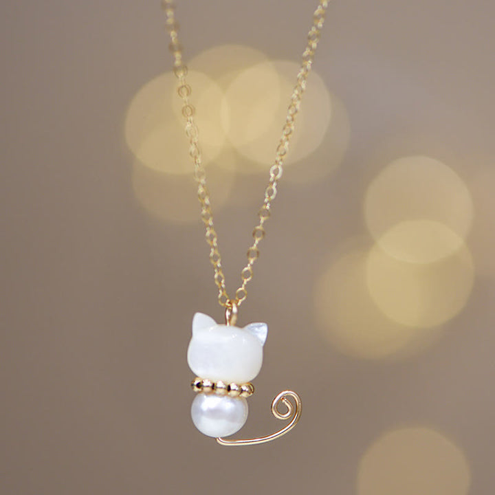 Collier avec pendentif en forme de chat porte-bonheur en jade Hetian plaqué or 14 carats avec Buddha Stones - Plaqué or 14 carats normal - Perle - image 2