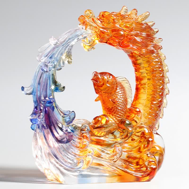 Buddha Stones Feng Shui Dragon Koi Fish Pièce d'art en cristal Liuli faite à la main Décoration de bureau à domicile