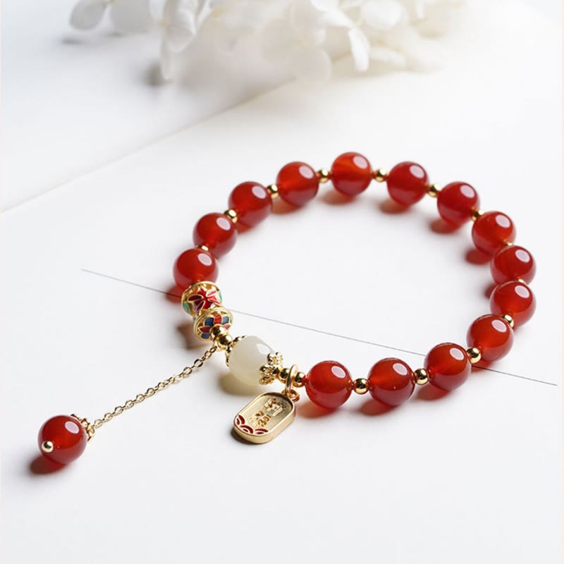 Bracelet à breloques en jade Hetian rouge naturel avec Buddha Stones et caractère Fu