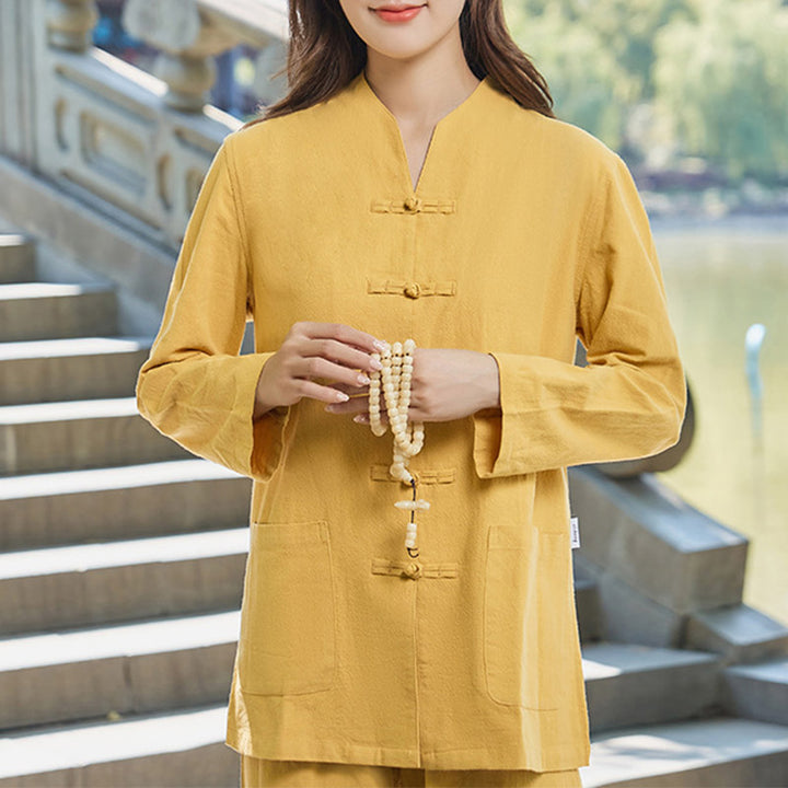 Buddha Stones Spirituelle Zen Pratique Yoga Méditation Prière Uniforme Coton Lin Vêtements Ensemble Femme - Or - US18，UK/AU22，EU50 (6XL) - image 17