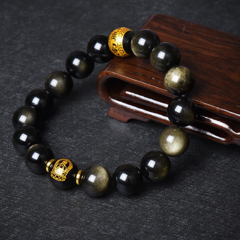 Bracelet de protection de richesse en obsidienne dorée avec Bouddha du zodiaque chinois