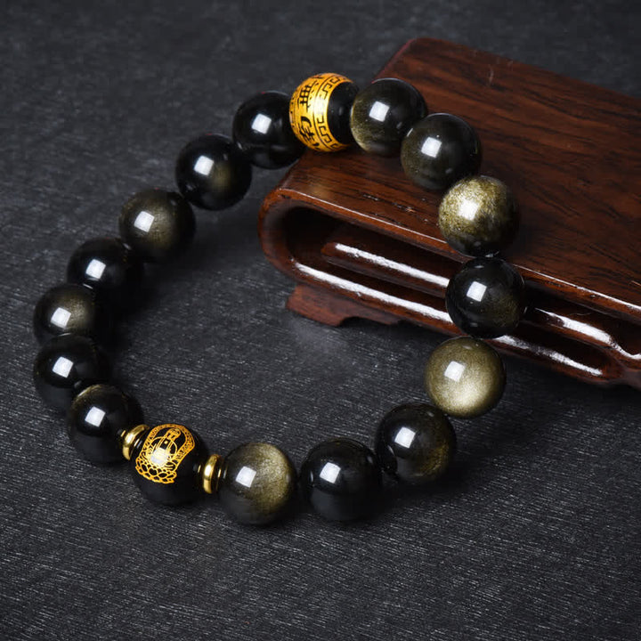 Bracelet de protection de richesse en obsidienne dorée avec Bouddha du zodiaque chinois