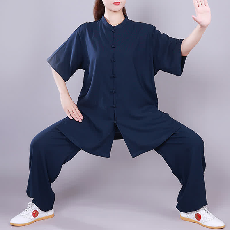 Ensemble de vêtements unisexe en coton et lin avec Buddha Stones , Tai Chi, Qigong, méditation, prière, pratique spirituelle zen - Bleu marine - Manches courtes - US14，UK/AU18，EU46 (3XL)  - image 20