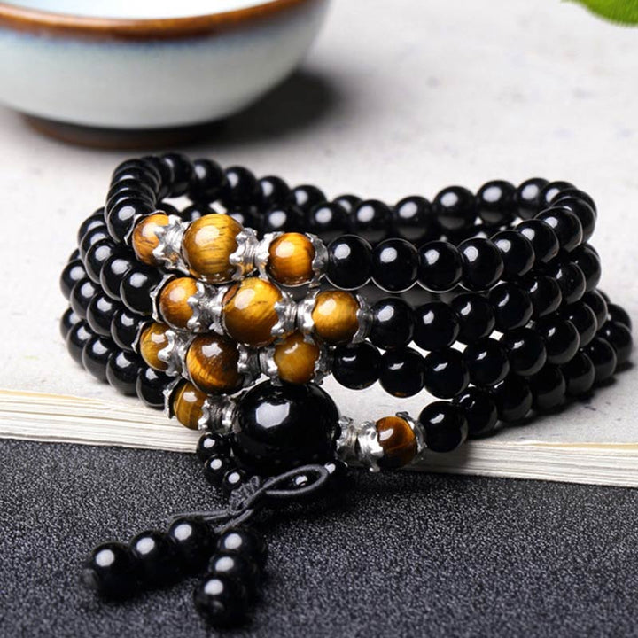 Bracelet Mala 108 perles en obsidienne noire naturelle œil de tigre Buddha Stones