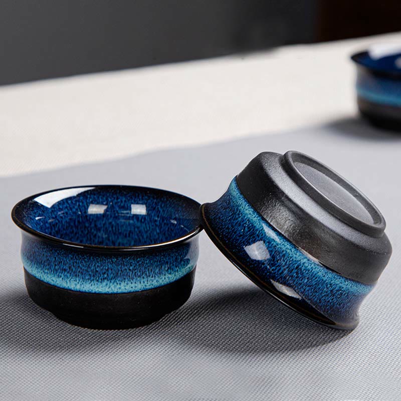 Coffret cadeau portable avec théière en céramique et théière chinoise Gongfu en dégradé de couleurs bleues et Buddha Stones