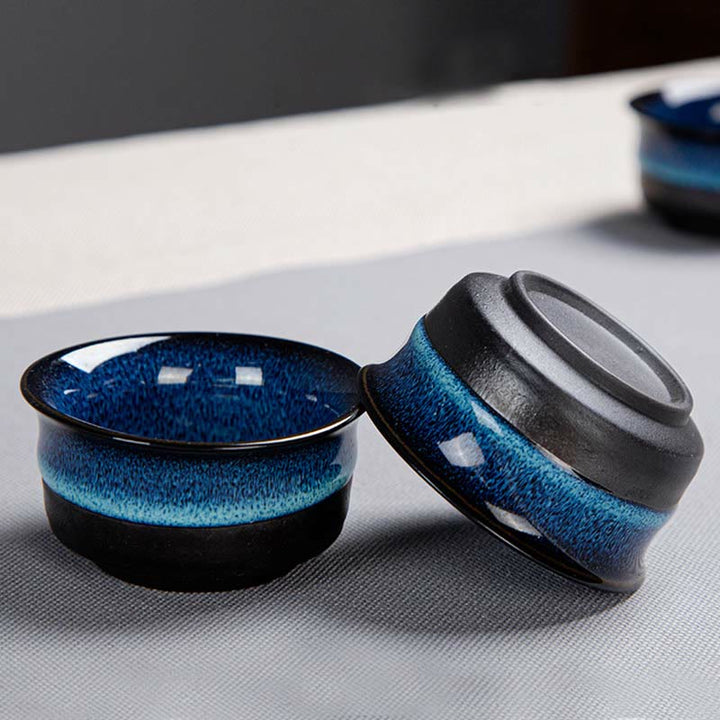 Coffret cadeau portable avec théière en céramique et théière chinoise Gongfu en dégradé de couleurs bleues et Buddha Stones