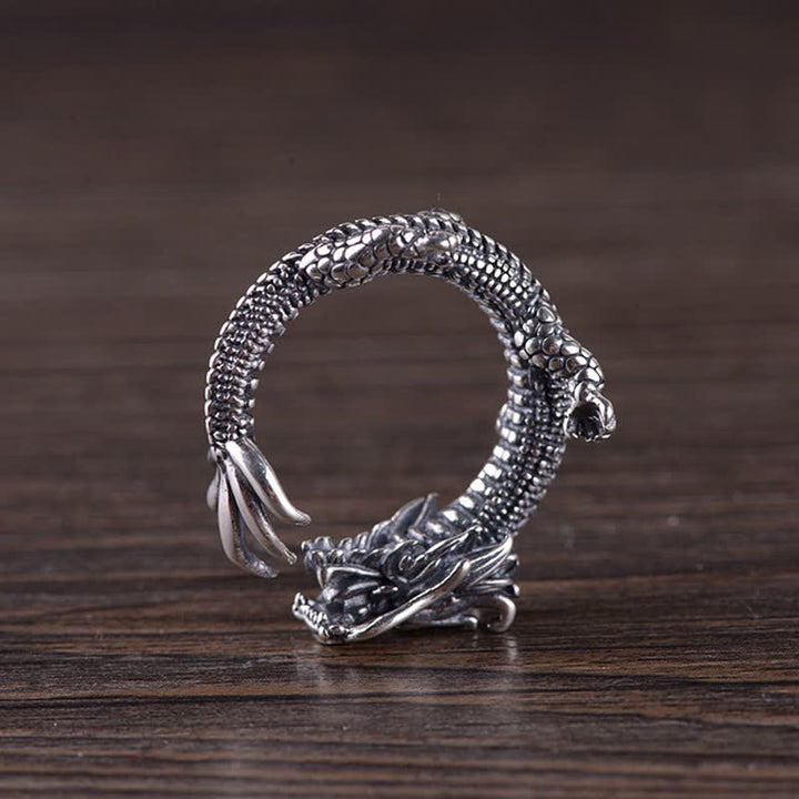 Bague de protection porte-bonheur en argent sterling 925 Buddha Stones et dragon