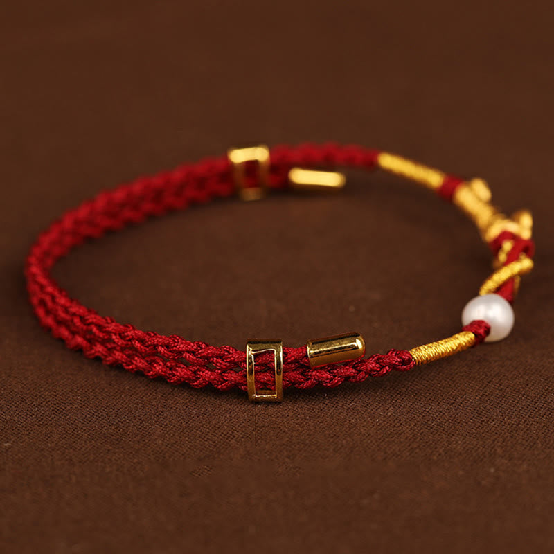 Bracelet tressé porte-bonheur en or 24 carats avec perles et lapin en forme de personnage Fu avec poignée Ruyi et Buddha Stones