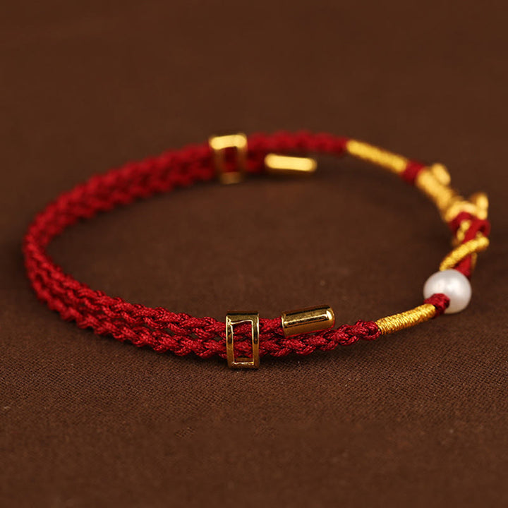 Bracelet tressé porte-bonheur en or 24 carats avec perles et lapin en forme de personnage Fu avec poignée Ruyi et Buddha Stones