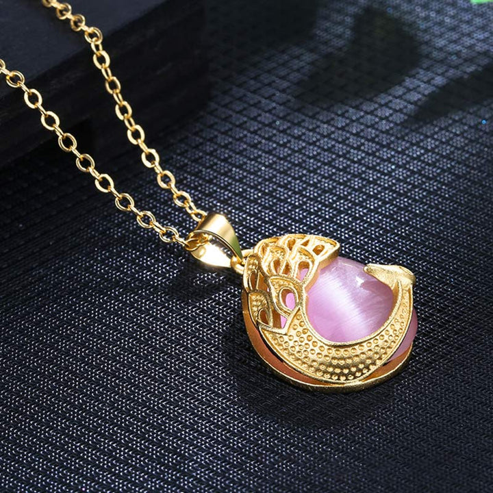 Collier pendentif en cuivre et calcédoine verte et cristal rose avec pendentif apaisant