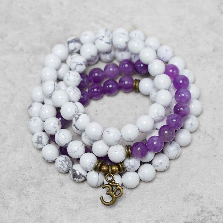 Bracelet Mala 108 Buddha Stones en améthyste blanche turquoise OM guérison énergie méditation