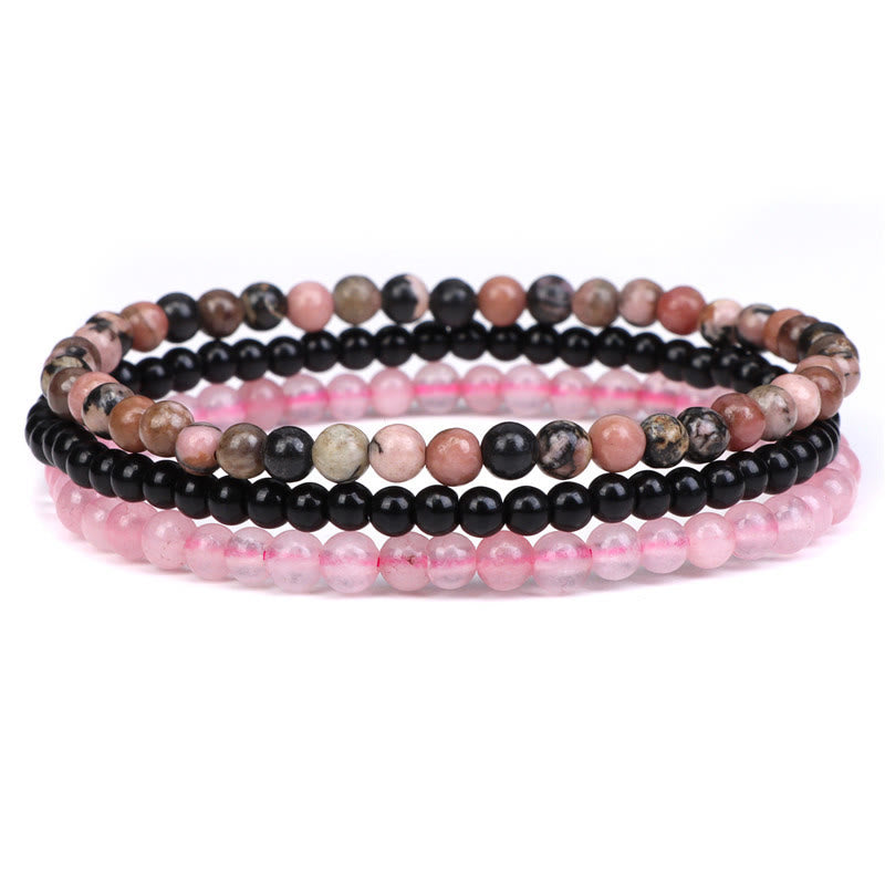 Bracelet spirituel de paix intérieure en pierre de cristal naturel 3 pièces Buddha Stones - Perles de rhodonite de 4 mm, perles de verre noir et cristal rose (tour de poignet 15-16 cm) - image 5