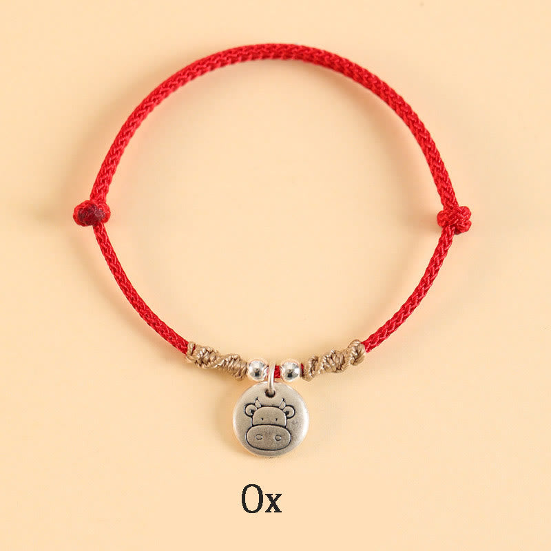 Bracelet tressé en argent sterling 999 fait main avec Buddha Stones Année du Dragon, joli signe du zodiaque chinois - Corde rouge - Bœuf (tour de poignet 14-17 cm) - image 14