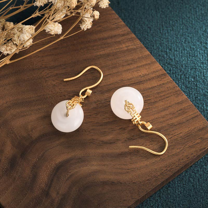 Boucles d'oreilles Buddha Stones Jade Blanc Double Happiness Fortune