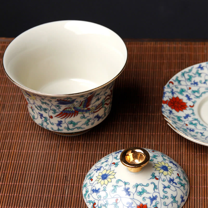 Buddha Stones Rétro Fleur de Prunier Pin Bambou Phénix Kirin Céramique Gaiwan Sancai Tasse à Thé Kung Fu Tasse à Thé et Soucoupe avec Couvercle