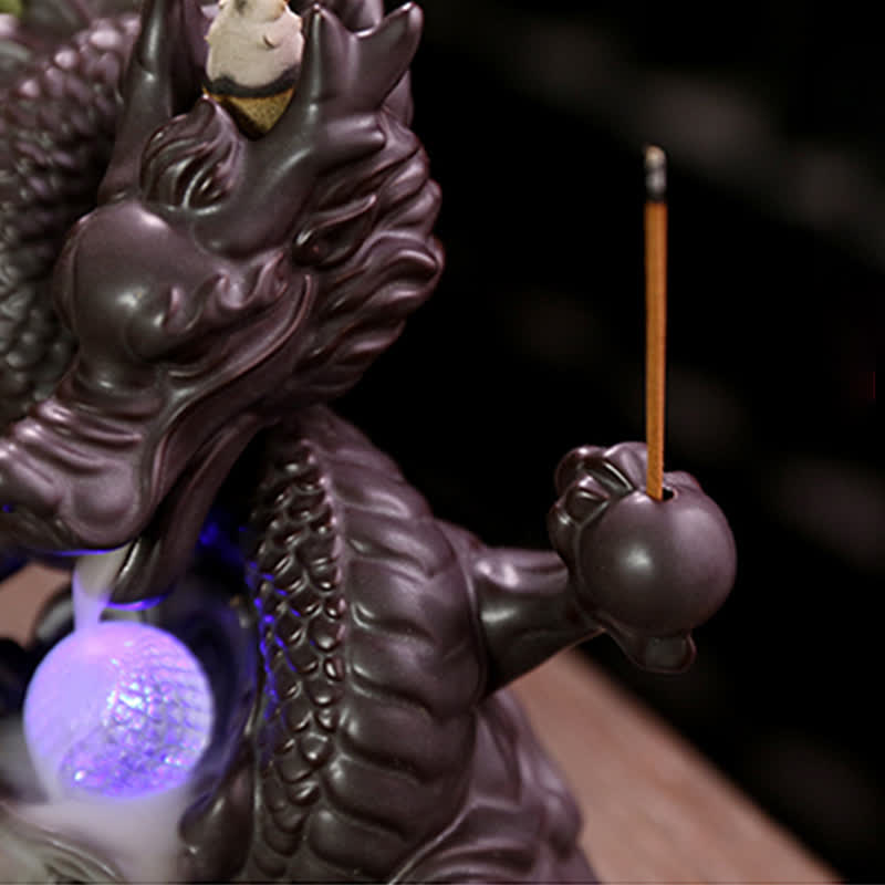 Fontaine à fumée à reflux en céramique avec Buddha Stones et dragon de bon augure, brûleur d'encens de guérison et de méditation, boule à LED décorative
