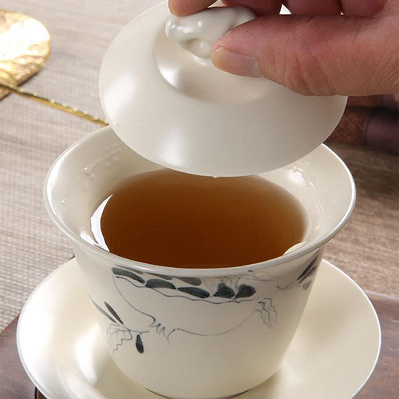 Buddha Stones peintes à la main Grenade Hibiscus Pin Lotus Céramique Gaiwan Sancai Tasse à thé Kung Fu Tasse à thé et soucoupe avec couvercle