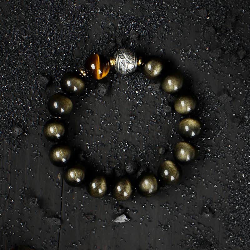 Buddha Stones pour vivre un renversement de fortune Bracelet de protection en obsidienne arc-en-ciel et or brillant