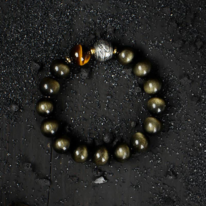 Buddha Stones pour vivre un renversement de fortune Bracelet de protection en obsidienne arc-en-ciel et or brillant