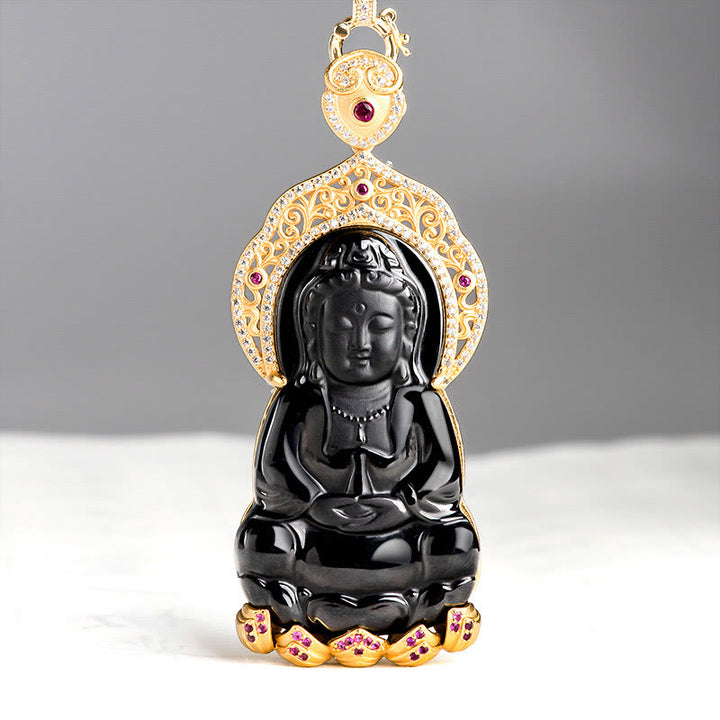 Collier pendentif en jade noir naturel Kwan Yin Avalokitesvara, symbole de richesse, avec chaîne en acier titane et Buddha Stones. - Jade Noir (Protection ♥ Calme) - image 0