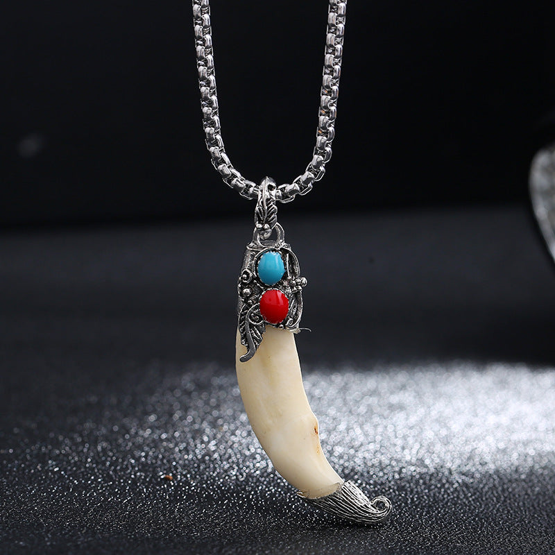 Buddha Stones Collier pendentif en acier titane Imitation dent de loup