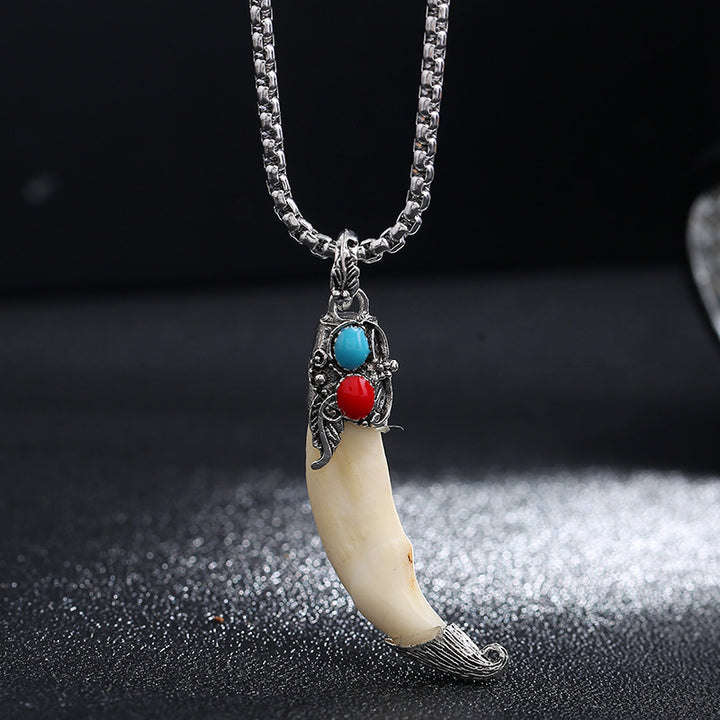 Buddha Stones Collier pendentif en acier titane Imitation dent de loup