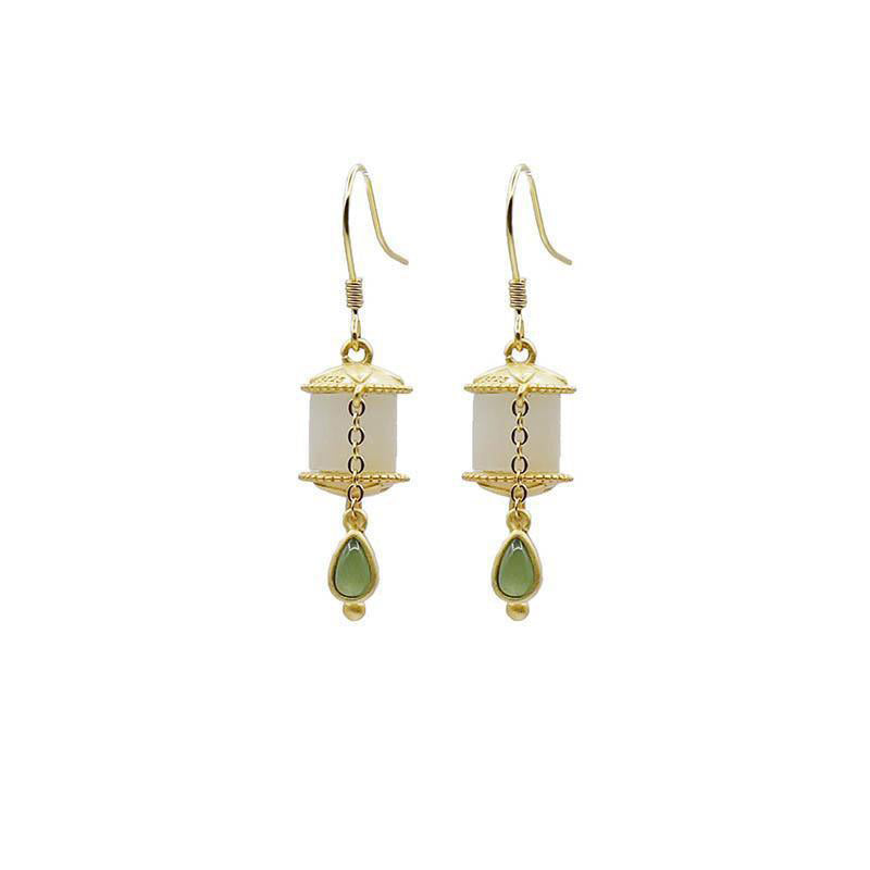 Boucles d'oreilles pendantes en argent sterling 925 et jade avec roue de prière et porte-bonheur Buddha Stones