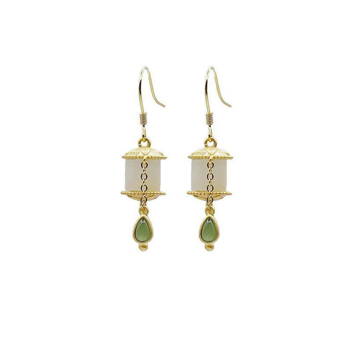 Boucles d'oreilles pendantes en argent sterling 925 et jade avec roue de prière et porte-bonheur Buddha Stones