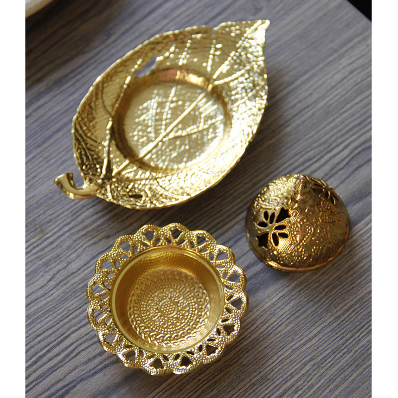 Brûleur d'encens de méditation en forme de mini-feuille d'or tibétain