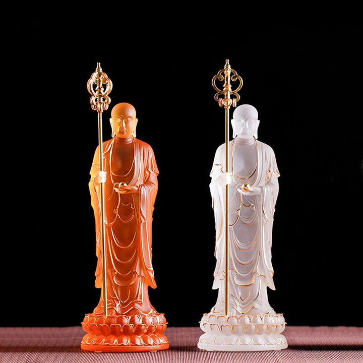 Buddha Stones faites à la main Ksitigarbha Bodhisattva Figurine Liuli Cristal Pièce d'art Statue de sérénité Décoration de la maison