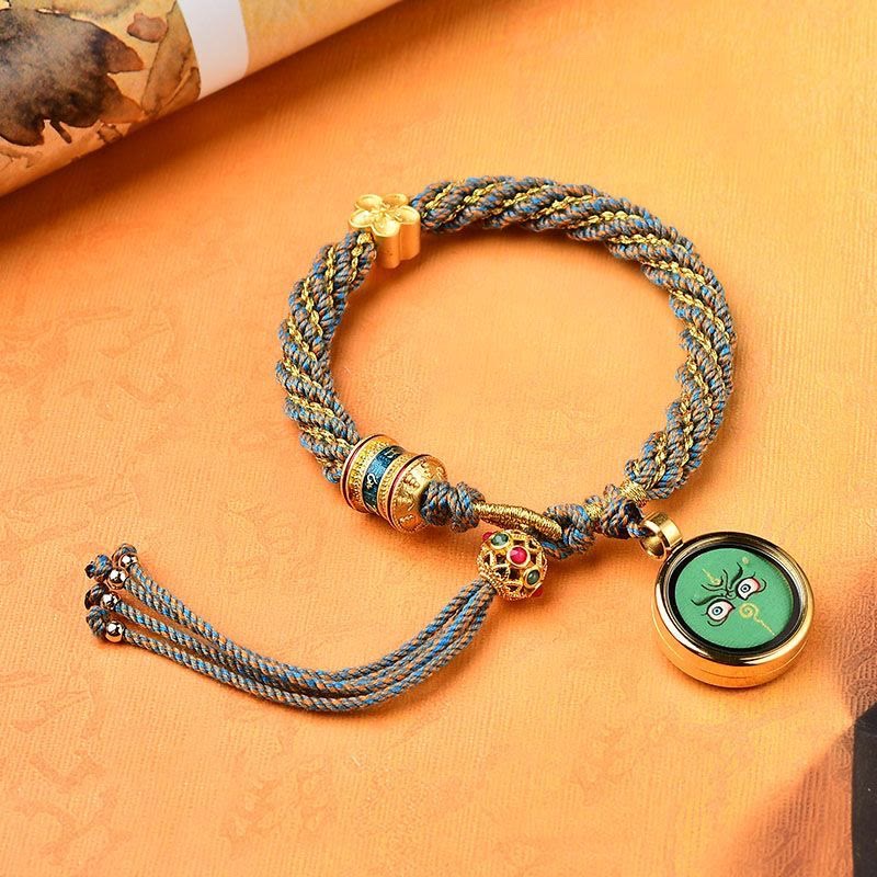Bracelet en corde tissée avec breloque en forme de fleur et roue de prière en Buddha Stones faites à la main avec cinq dieux de la richesse et de la chance