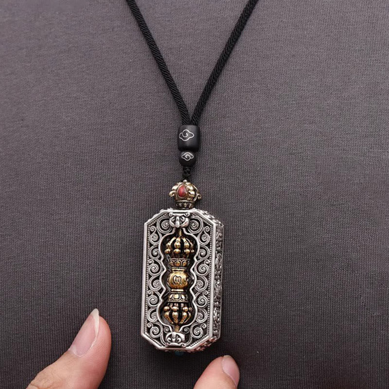 Collier pendentif en corde de pureté Buddha Stones tibétaines Om Mani Padme Hum sculptées Dorje Vajra motif lotus rotatif