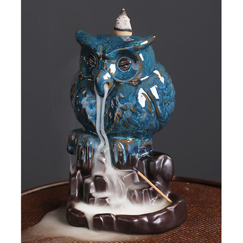Buddha Stones Mignon Hibou Céramique Fontaine à Fumée à Refoulement Méditation Guérison Brûleur D'encens Décoration