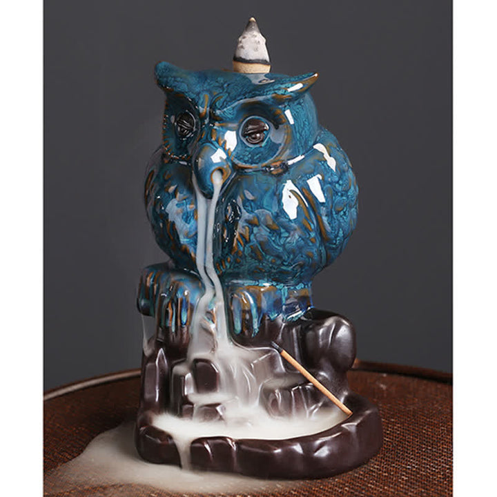 Buddha Stones Mignon Hibou Céramique Fontaine à Fumée à Refoulement Méditation Guérison Brûleur D'encens Décoration