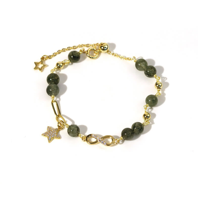 Bracelet de protection en or 14 carats avec quartz rutile vert et boucle Möbius de Buddha Stones, amour éternel et étoile