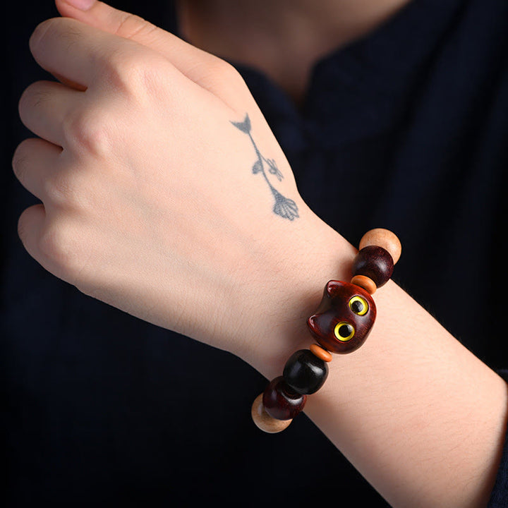 Bracelet de protection gravé en bois de santal rouge et ébène avec petites feuilles de Buddha Stones et chat mignon - image 15