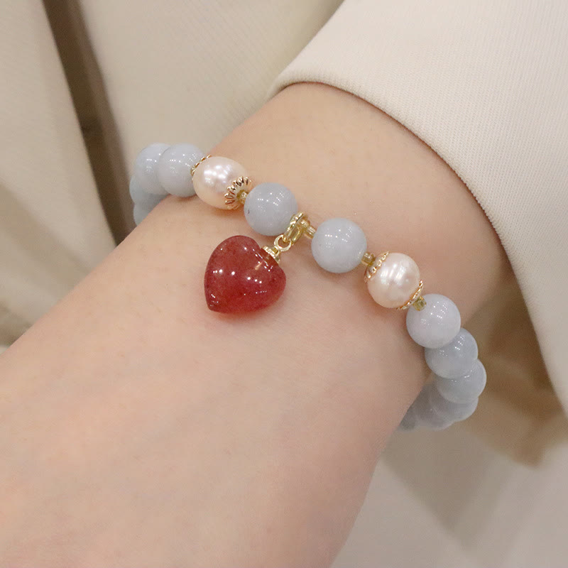 Bracelet à breloques en forme de lapin, de courge et de chat en Buddha Stones -marine naturelle, calcédoine, sérénité - Cœur d'amour en quartz fraise aigue-marine - image 9