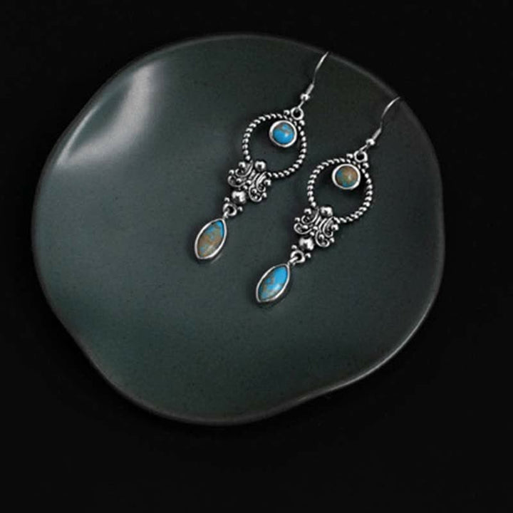 Boucles d'oreilles pendantes en argent sterling 925 Buddha Stones et motif de goutte d'eau turquoise vintage