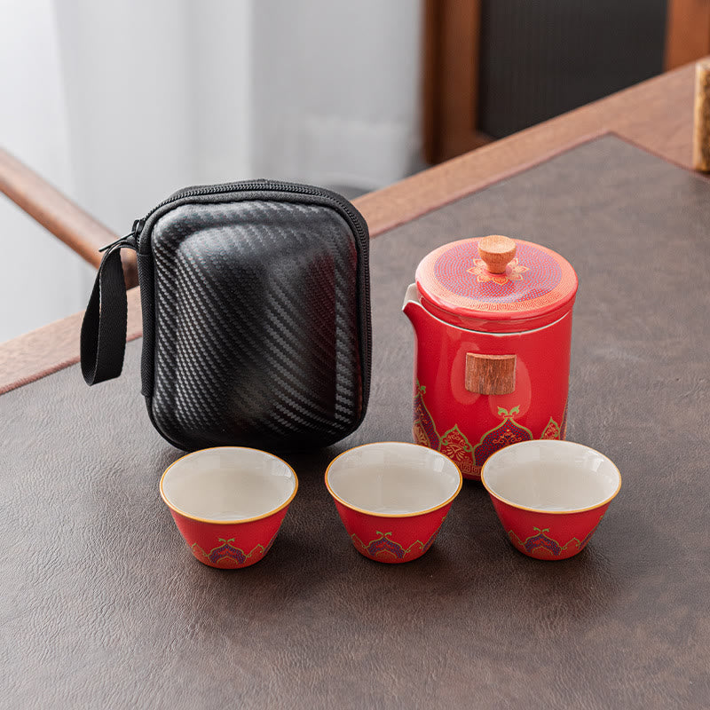 Théière chinoise Gongfu en céramique avec Buddha Stones - Rouge - 1 théière + 3 tasses + 1 sachet - image 23