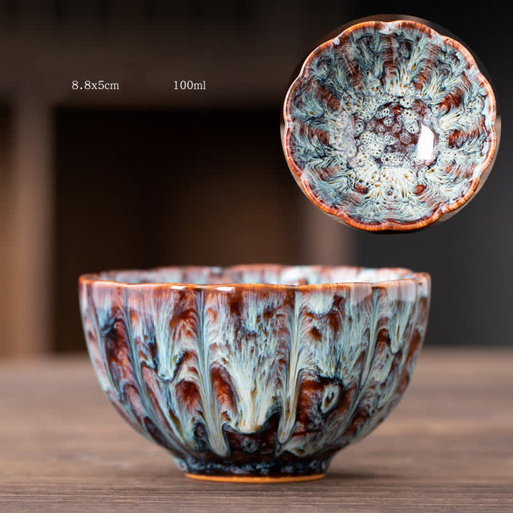 Tasse à thé en céramique à motif de fleurs de pêcher avec Buddha Stones