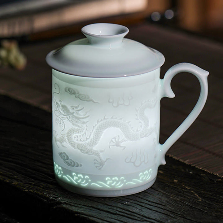 Buddha Stones Jingdezhen Linglong Porcelaine Auspicieux Dragon Phoenix Bateau Voile Douce Tasse à Thé en Céramique Tasses à Thé de Bureau 420 ml