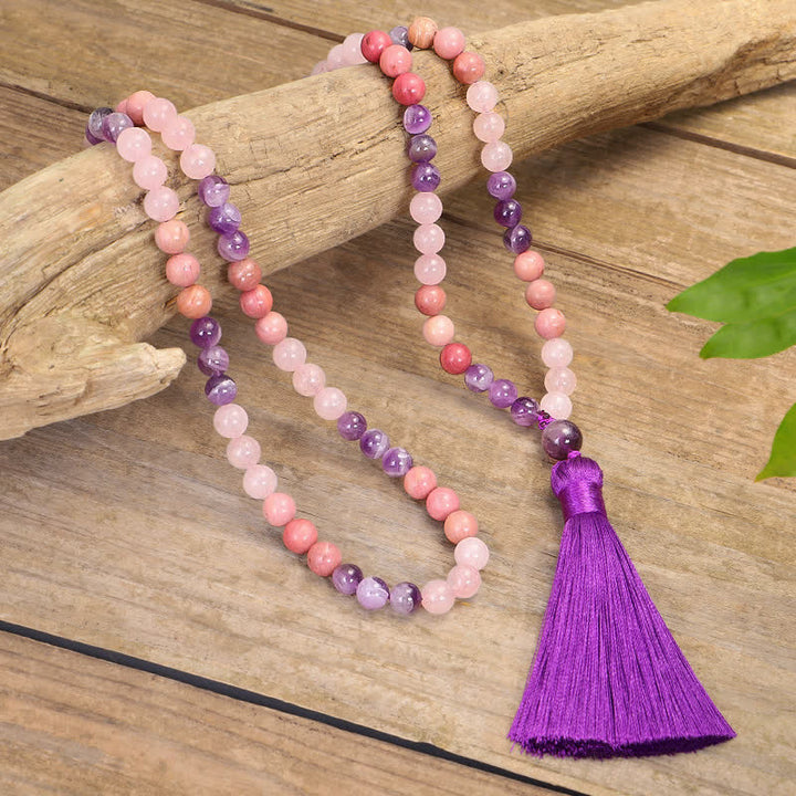 Bracelet de guérison spirituelle à pampilles en améthyste et quartz rose avec 108 perles de Mala Buddha Stones
