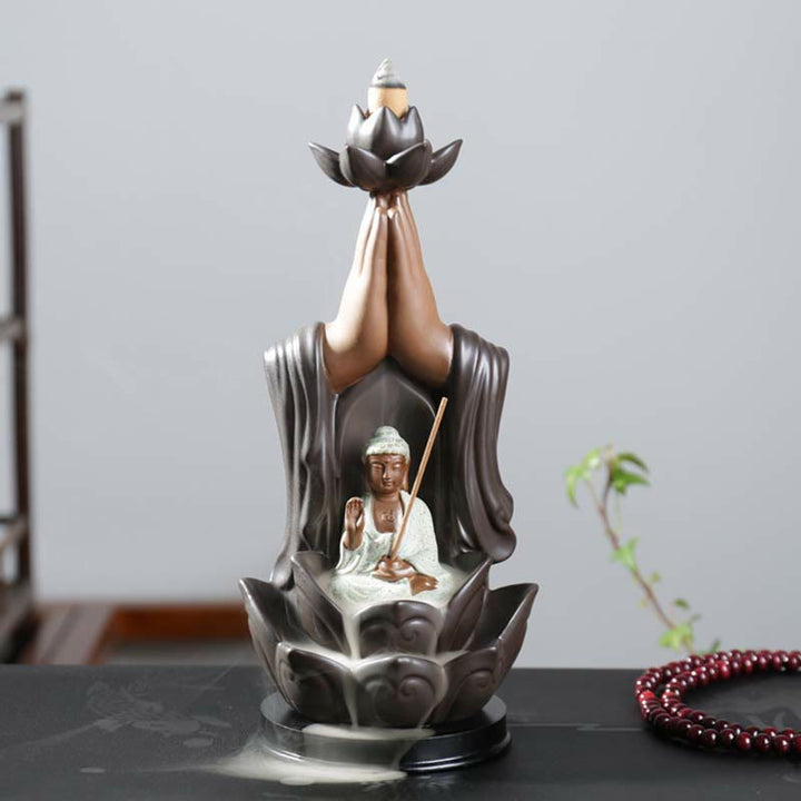 Brûleur d'encens à reflux en céramique Bouddha Avalokitesvara Chenrezig Ksitigarbha avec bénédiction du lotus