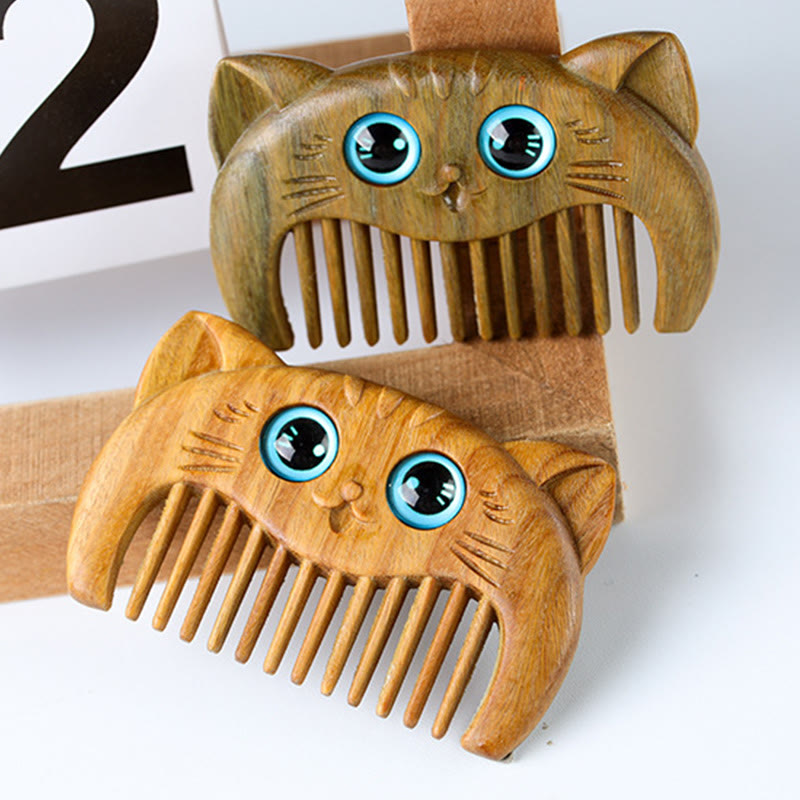 Peigne portable à motif de chat simple en bois de santal vert - image 3
