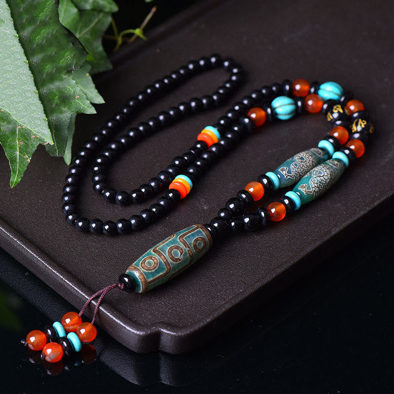 Collier pendentif de protection Om Mani Padme Hum en Buddha Stones tibétaines à neuf yeux Dzi motif dragon - Perle Dzi à neuf yeux (Richesse ♥ Protection) - image 1