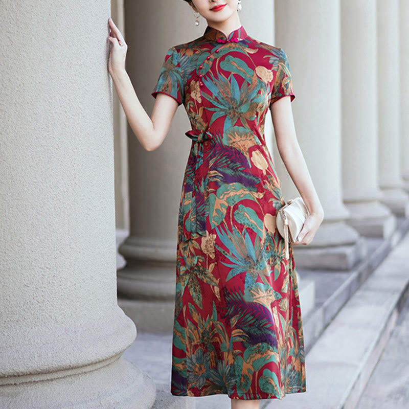 Robe Qipao en soie avec Buddha Stones, motif rétro de feuilles de fleurs, robe cheongsam pour femme