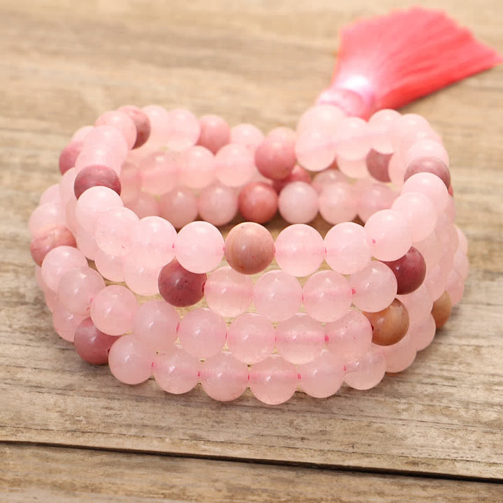 Bracelet Mala 108 perles en cristal rose avec pompon d'amour Buddha Stones