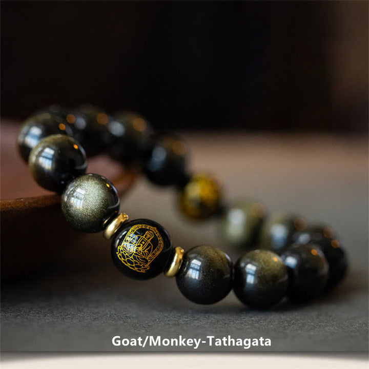 Bracelet de protection de richesse en obsidienne dorée avec Bouddha du zodiaque chinois