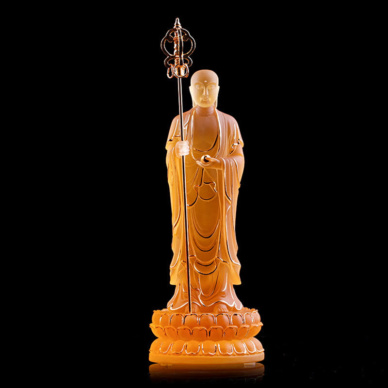 Buddha Stones faites à la main Ksitigarbha Bodhisattva Figurine Liuli Cristal Pièce d'art Statue de sérénité Décoration de la maison - Ambre et or 7,8 x 7,8 x 20 cm - image 6